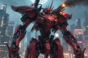 A towering giant crimson mecha stands victorious amidst a sprawling futuristic metropolis, its metallic limbs and torso gleaming under the neon-lit night sky. The city's sleek skyscrapers and bustling streets provide a stark contrast to the mechanical behemoth's rugged, industrial design. A plume of smoke rises from its shoulder-mounted cannon, as if announcing its triumphant presence.