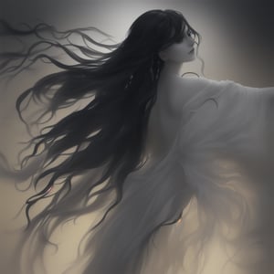A hauntingly beautiful young woman stands centered in a dramatic composition, her raven-black hair cascading down her back like a waterfall of night. Soft golden lighting highlights the delicate contours of her face, contrasting with the foreboding darkness behind her where mysterious shadows dance. Her Gothic-inspired tunic appears to shimmer with an otherworldly energy, as if infused with dark magic, while the tattoo on her skin pulses with an intense inner light, casting a spell of mystique and allure against the dark backdrop.,dark_myth