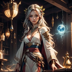 (Masterpiece, Best Quality, Photorealistic, High Resolution, 8K Raw) Medium shot, fantasy, beauty, elegance, a beautiful young fairy, with an intense gaze, long silver hair, with an powerfull aura, with an elegant, ornate tight tunic, with jewels, in a magical and supernatural landscape, warm colors,fantasy_game_character,fighter,wizard,mage,sorcerer,druid,ranger,rogue,samurai,alchemist,artificer