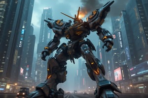 A towering giant mecha stands victorious amidst a sprawling futuristic metropolis, its metallic limbs and torso gleaming under the neon-lit night sky. The city's sleek skyscrapers and bustling streets provide a stark contrast to the mechanical behemoth's rugged, industrial design. A plume of smoke rises from its shoulder-mounted cannon, as if announcing its triumphant presence.