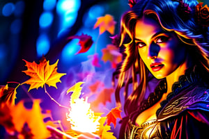 medium shot, fantasy, elegant, a beautiful sorceress, in the forest, at night, hot colors,