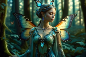 Medium shot, fantasy, beauty, elegance, serenity, maximum detail, a beautiful fairy, with a serene look, with butterfly wings, with an elegant, ornate, tight tunic, with jewels, in a magical and supernatural forest,