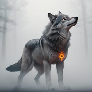 medium shot, fantasy, a supernatural wolf, gray, magical symbols, embers, white background, fog,