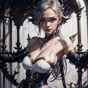 (Masterpiece, Best Quality, Photorealistic, High Resolution, 8K Raw) Medium shot, fantasy, beauty, elegance, a beautiful young fairy, with an intense gaze, long silver hair, with an powerfull aura, with an elegant, ornate tight tunic, with jewels, in a magical and supernatural landscape, warm colors,fantasy_game_character