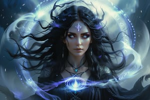 A majestic sorceress stands amidst a swirling vortex of ethereal mist and gleaming runes, her raven tresses flowing like night's shadows as she weaves a spell of mesmerizing beauty. Her eyes aglow with an inner light, she summons forth a radiant aura that dances across the mystical landscape, casting a spell of enchantment.