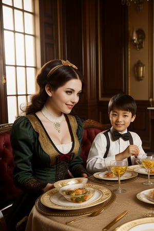 rich steampunk era family on dinning table in palace