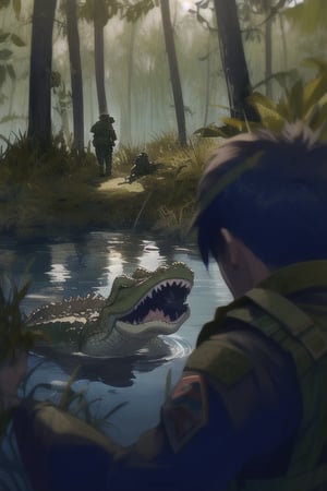 soldiers vs crocodile in the swamp, soldiers are fighting to crocodile