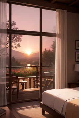 A cozy, elegantly decorated bedroom with a large window offering a breathtaking view. Beyond the window, a lush garden with vibrant flowers, tall majestic trees, and rolling hills in the distance. The sky is painted in hues of pink and orange with the rising sun, creating a serene and tranquil ambiance