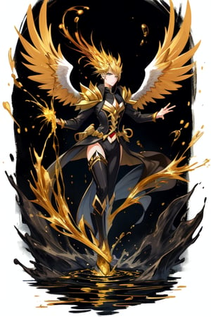 phoenix, golden black water splash painting, white background