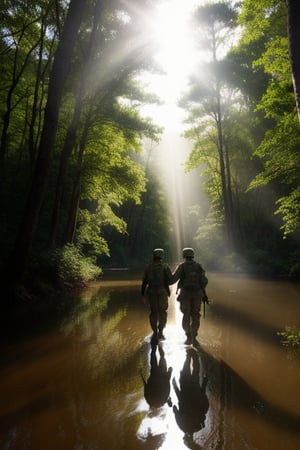 soldiers crossing big swamp in forest, daytime, sunlight rays, shot taking from behind