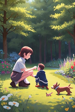 two children playing with a dog in the garden in the forest