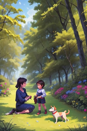 two children playing with a dog in the garden in the forest,EpicArt,High detailed 