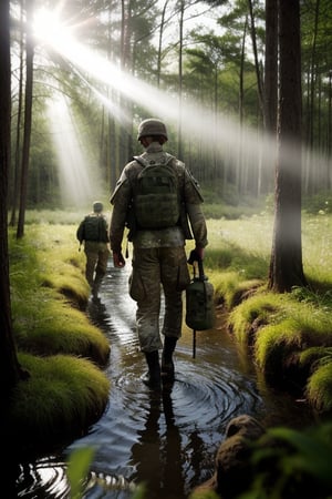 soldiers crossing swamp in forest, daytime, sunlight rays, shot taking from behind