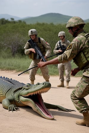 soldiers are fighting with crocodile