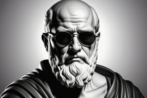 Create a black and white
 digital illustration of an ancient Greek philosopher, depicted in a classical style. The philosopher should be wearing modern, dark sunglasses. The background of the image should be completely black to create a striking contrast. The philosopher should have a thoughtful expression, with an iconic beard and bald head clearly visible. The sunglasses should be subtly integrated into the illustration, adding a contemporary and cool twist to the traditional appearance. The lighting should focus on the philosopher's face, highlighting the features and the sunglasses, while the black background remains stark and uncluttered.