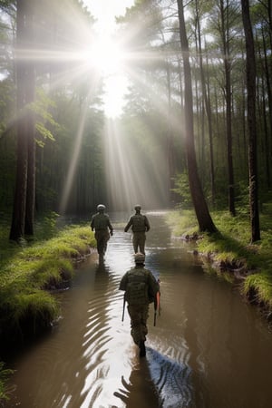 5 soldiers team crossing big swamp in forest, daytime, sunlight rays, shot taking from behind height
