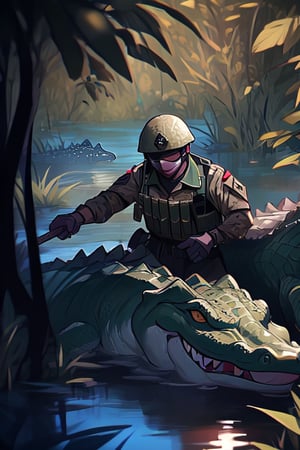 violent fight, multiple soldiers vs multiple crocodiles in the swamp, soldiers are fighting to crocodile