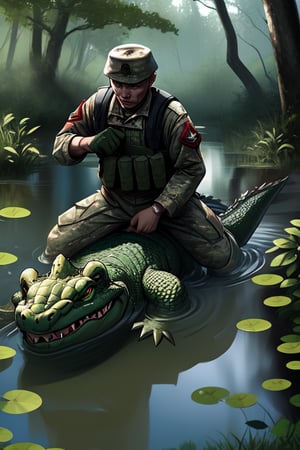 soldiers are fighting with crocodile in pond in forest