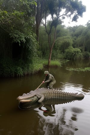 soldiers are fighting with crocodile in pond in forest