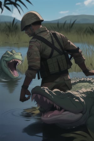 violent fight soldiers vs multiple crocodiles in the swamp, soldiers are fighting to crocodile