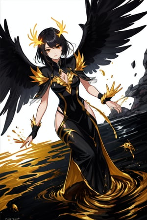 phoenix, golden black water splash painting, white background no human