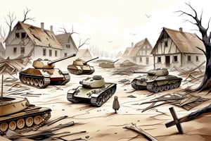 Create a detailed and evocative background image depicting a fallen German village during World War II. The scene should feature ruined traditional German houses with broken windows, collapsed roofs, and charred walls, set in a rural landscape with surrounding forests or fields marked by craters, uprooted trees, and scattered debris. The sky should be overcast or filled with smoke, adding to the somber mood, with a slight sepia tone to give a historical feel. Include remnants of war such as abandoned tanks, damaged military vehicles, and scattered weapons, along with personal belongings like broken furniture and torn clothes. In the background, show a few surviving villagers dressed in period-appropriate clothing, conveying despair and hopelessness, creating an image that is historically accurate, immersive, and emotionally evocative.
