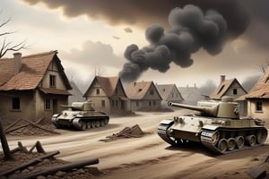 Create a detailed and evocative background image depicting a fallen German village during World War II. The scene should feature ruined traditional German houses with broken windows, collapsed roofs, and charred walls, set in a rural landscape with surrounding forests or fields marked by craters, uprooted trees, and scattered debris. The sky should be overcast or filled with smoke, adding to the somber mood, with a slight sepia tone to give a historical feel. Include remnants of war such as abandoned tanks, damaged military vehicles, and scattered weapons, along with personal belongings like broken furniture and torn clothes. In the background, show a few surviving villagers dressed in period-appropriate clothing, conveying despair and hopelessness, creating an image that is historically accurate, immersive, and emotionally evocative.