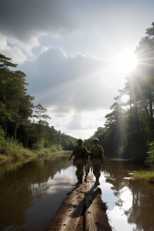 5 soldiers team crossing big swamp in forest, daytime, sunlight rays, shot taking from behind height