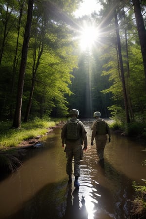 5 soldiers team crossing big swamp in forest, daytime, sunlight rays, shot taking from behind tree