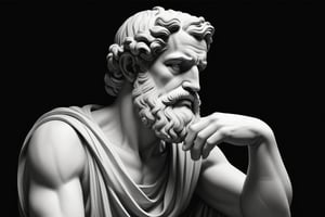 Create a digital illustration of an ancient Greek philosopher, depicted in a classical style, deep in thought. The philosopher should have a contemplative expression, with one hand resting on his chin or cheek. He should have an iconic beard and possibly a bald or partially bald head. The background of the image should be completely black to create a striking contrast and focus on the philosopher. The lighting should highlight the philosopher’s facial features and thoughtful pose, while the black background remains stark and uncluttered.