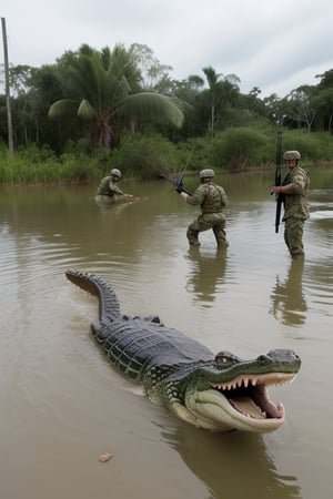 soldiers vs crocodile in swamp, soldiers are fighting to crocodile