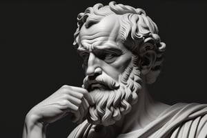 Create a digital illustration of an ancient Greek philosopher, depicted in a classical style, deep in thought. The philosopher should have a contemplative expression, with one hand resting on his chin or cheek. He should have an iconic beard and possibly a bald or partially bald head. The background of the image should be completely black to create a striking contrast and focus on the philosopher. The lighting should highlight the philosopher’s facial features and thoughtful pose, while the black background remains stark and uncluttered.