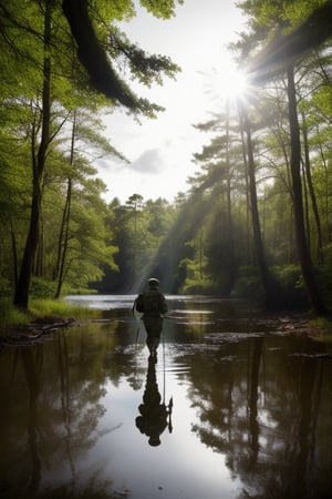soldiers crossing big swamp in forest, daytime, sunlight rays, shot taking from behind tree
