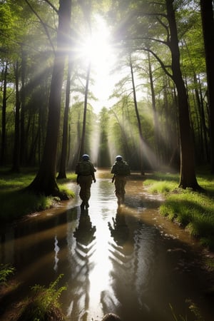 soldiers crossing big swamp in forest, daytime, sunlight rays, shot taking from behind tree