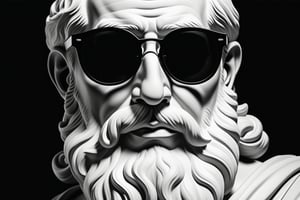 Create a black and white
 digital illustration of an ancient Greek philosopher, depicted in a classical style. The philosopher should be wearing modern, dark sunglasses. The background of the image should be completely black to create a striking contrast. The philosopher should have a thoughtful expression, with an iconic beard and bald head clearly visible. The sunglasses should be subtly integrated into the illustration, adding a contemporary and cool twist to the traditional appearance. The lighting should focus on the philosopher's face, highlighting the features and the sunglasses, while the black background remains stark and uncluttered.