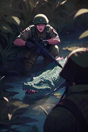 violent fight, multiple soldiers vs multiple crocodiles in the swamp, soldiers are fighting to crocodile