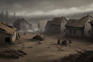 Create a detailed and evocative background image depicting a fallen German village during World War II. The scene should feature ruined traditional German houses with broken windows, collapsed roofs, and charred walls, set in a rural landscape with surrounding forests or fields marked by craters, uprooted trees, and scattered debris. The sky should be overcast or filled with smoke, adding to the somber mood, with a slight sepia tone to give a historical feel. Include remnants of war such as abandoned tanks, damaged military vehicles, and scattered weapons, along with personal belongings like broken furniture and torn clothes. In the background, show a few surviving villagers dressed in period-appropriate clothing, conveying despair and hopelessness, creating an image that is historically accurate, immersive, and emotionally evocative.