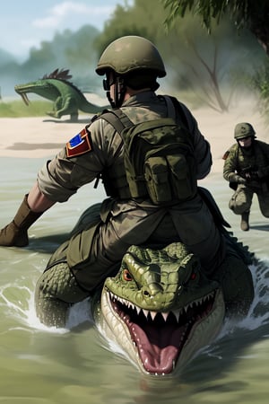 soldiers are fighting with crocodile 