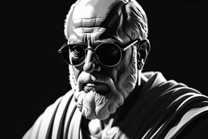 Create a black and white
 digital illustration of an ancient Greek philosopher, depicted in a classical style. The philosopher should be wearing modern, dark sunglasses. The background of the image should be completely black to create a striking contrast. The philosopher should have a thoughtful expression, with an iconic beard and bald head clearly visible. The sunglasses should be subtly integrated into the illustration, adding a contemporary and cool twist to the traditional appearance. The lighting should focus on the philosopher's face, highlighting the features and the sunglasses, while the black background remains stark and uncluttered.