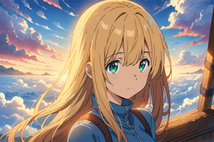 blonde woman traveling on a boat through sea of (clouds:1.3), long hair,  (greeneyes), (lipstick:0.5), 

journey, air,

sky-blue / light-orange / white / cerulean / amber / apricot / azure / sky-violet, outline,

(((Masterpiece, best quality, 2D anime), HDR, artstation), sharp visual, extra details),

dreamy, hopeful atmosphere,
