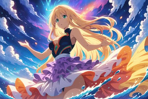 blonde woman standing in the ocean of life, (raising hands), long hair, layered_dress, (greeneyes), (lipstick:0.5), 

clouds, outer space, downwind, updraft,

blue / beige / orange / cerulean / violet, (outline), cosmic rays, (particles), shot from below,

(((Masterpiece, best quality, 2D anime), HDR, artstation), sharp visual, extra details, colorful),

(magnificent, cosmic, supernatural, transcendent),