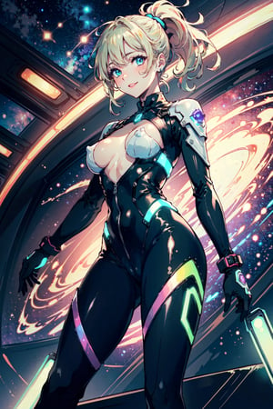 (erotic, sexy, bodysuit, elegant, aesthetic, exquisite, futuristic, cosmic, full_body, woman),

blush, smile, green-eyes, blonde-ponytail, lipstick, gloves, pussy, covered-nipples,

(starry_background, outer space, stars, galaxy), orbital, light-particles, (neon lights:1.3),

white, orange, pink, (violet), red, purple, lime, vanilla, porcelain, azure, enhanced colors, bokeh, 35mm-lens, glowing light, neon illumination,

(masterpiece, best quality, perfect visual), 8K, HDR, sharp image, professional artwork, detailed, intricate,