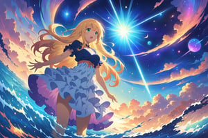 blonde woman standing in the ocean of life, (raising hands), long hair, layered_dress, (greeneyes), (lipstick:0.5), 

clouds, outer space, downwind,

blue / beige / orange / cerulean / violet, (outline), cosmic rays, (particles), shot from below,

(((Masterpiece, best quality, 2D anime), HDR, artstation), sharp visual, extra details, colorful),

(magnificent, cosmic, supernatural, transcendent),
