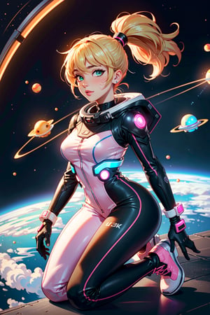 (((erotic), elegant, neon), bodysuit, futuristic), orbital, athletic, full body,

blush, happy, (green_eyes), blonde_ponytail, lipstick, gloves, chocker,

(outer_space), stars, light_particles,

white, orange, pink, violet, red, purple, lime, porcelain, azure, (enhanced colors, colorful), bokeh, 35mm-lens, glowing light, neon illumination,

(((masterpiece, best quality, perfect visual, ultra detailed), 8K, HDR, sharp image, professional artwork)),3d