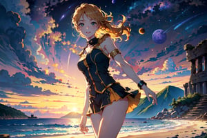 (((spaceships, orbital_station:1.1), ocean, captain_uniform, russian), intricate, exquisite, aesthetic),

(anklet, armlet, green_eyes), chocker, smile, blonde_long_hair, lipstick, female_solo,

((greek_ruins, beach), sky, mountains, full_eclipse), stars, [clouds]

((colors violet / yellow / red / orange / indigo, colors enhanced), outline, light_particles), dreamy glow, warm light, bokeh, 35mm-lens,

((((masterpiece, best quality, perfect visual), super detailed), sharp image, professional artwork), 8K, HDR),