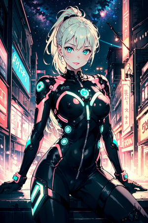 (erotic, sexy, athletic, bodysuit, elegant, aesthetic, exquisite, futuristic, cosmic, full_body:1.3, sit),

blush, smile, (green-eyes), blonde-ponytail, lipstick, gloves, (pussy), covered-nipples, (blaster),

(starry_background, outer space, stars, galaxy), orbital, light-particles, (neon lights:1.3),

white, orange, pink, (violet), red, purple, lime, vanilla, porcelain, azure, enhanced colors, bokeh, 35mm-lens, glowing light, neon illumination,

(masterpiece, best quality, perfect visual), 8K, HDR, sharp image, professional artwork, (detailed, intricate),