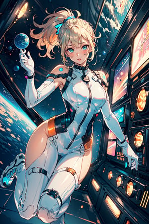 (((erotic), elegant, neon), bodysuit, futuristic), orbital, athletic, full body, 

blush, happy, (green_eyes), blonde_ponytail, lipstick, gloves, chocker,

(outer_space), stars, light_particles,

white, orange, pink, violet, red, purple, lime, porcelain, azure, (enhanced colors, colorful), bokeh, 35mm-lens, glowing light, neon illumination,

(((masterpiece, best quality, perfect visual, ultra detailed), 8K, HDR, sharp image, professional artwork)),