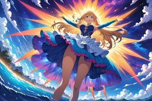 blonde woman standing in the ocean of life, (raising hands), long hair, layered_dress, (greeneyes), (lipstick:0.5), 

clouds, outer space, downwind,

blue / beige / orange / cerulean / violet, (outline), cosmic rays, (particles), shot from below,

(((Masterpiece, best quality, 2D anime), HDR, artstation), sharp visual, extra details, colorful),

(magnificent, cosmic, supernatural, transcendent),