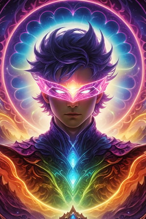 (rainbow color aura, majestic, magnificent, supreme, halo of colorful lights, fractal-geometry-patterns, celestial),

1_boy, (blindfold), strong inner light,

colors purple-pink-violet-black-blue-((lime))-azure-orange-red, neon-light, (warm-glow), 800mm lens, extreme reach, super telephoto lens,

(masterpiece, (key-visual), professional-artwork, 8K, HDR, colorful, sharp-image, intricate-details), Magical Fantasy style,