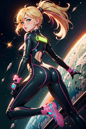 (((erotic), elegant, neon), bodysuit, futuristic), orbital, athletic, full body, from behind,

blush, happy, (green_eyes), blonde_ponytail, lipstick, gloves, chocker,

(outer_space), stars, light_particles,

white, orange, pink, violet, red, purple, lime, porcelain, azure, (enhanced colors, colorful), bokeh, 35mm-lens, glowing light, neon illumination,

(((masterpiece, best quality, perfect visual, ultra detailed), 8K, HDR, sharp image, professional artwork)),3d